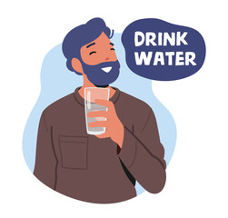 Male Character Drink Water. Happy Fit Man Enjoying Refreshing Beverage, Pure Aqua in Glass. Health Care, Immunity Boost