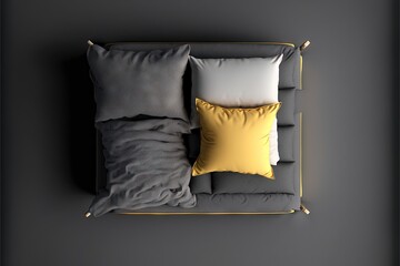  a bed with a gray headboard and yellow pillows on it and a gray wall behind it with a black wall and a white wall with a yellow pillow and a black wall and a.