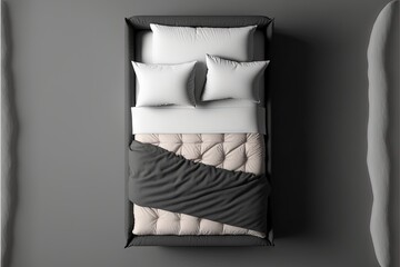  a bed with a black and white cover and pillows on it and a gray wall behind it with a white and black bed spread and a gray pillow on the side of the bed and a.