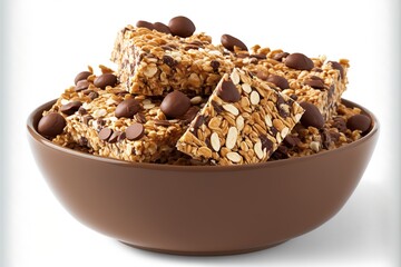  a bowl of cereal bars with chocolate chips on top of it and a bowl of oats in the background with a white background behind it and a white backdrop with a white border,.