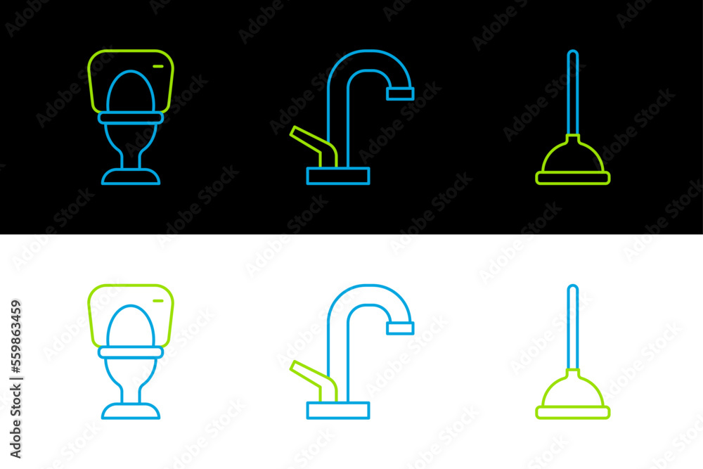 Poster Set line Rubber plunger, Toilet bowl and Water tap icon. Vector