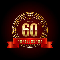 60th Anniversary. Anniversary logo design with gold color text and red ribbon for anniversary celebration event. Logo Vector Illustration