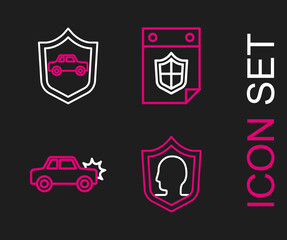 Set line Life insurance with shield, Car, Calendar and icon. Vector
