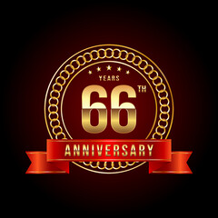 66th Anniversary. Anniversary logo design with gold color text and red ribbon for anniversary celebration event. Logo Vector Illustration