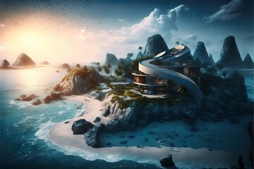 Futuristic and tropical luxury resort in an island