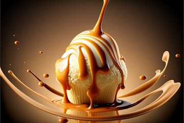  a cupcake with a caramel drizzle and chocolate sauce on top of it, with a swirl of chocolate on top of it, and a splash of caramel on the bottom.
