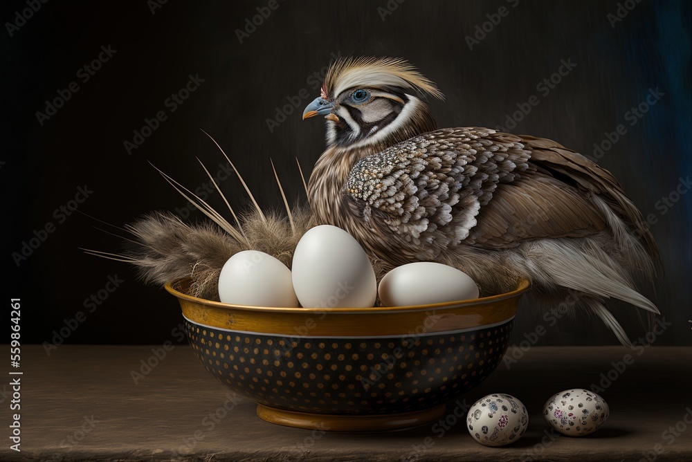 Poster eggs from chickens and quails nestled in a dish of feathers next to several large quills. generative
