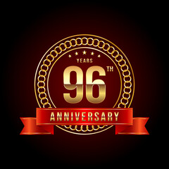 96th Anniversary. Anniversary logo design with gold color text and red ribbon for anniversary celebration event. Logo Vector Illustration