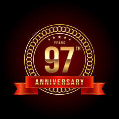 97th Anniversary. Anniversary logo design with gold color text and red ribbon for anniversary celebration event. Logo Vector Illustration