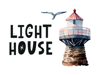 Watercolor lighthouse illustration. Isolated lighthouse and seagulls on white background. Hand drawn artwork. Vector