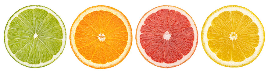 Citrus fruit slices isolated on white background with clipping path