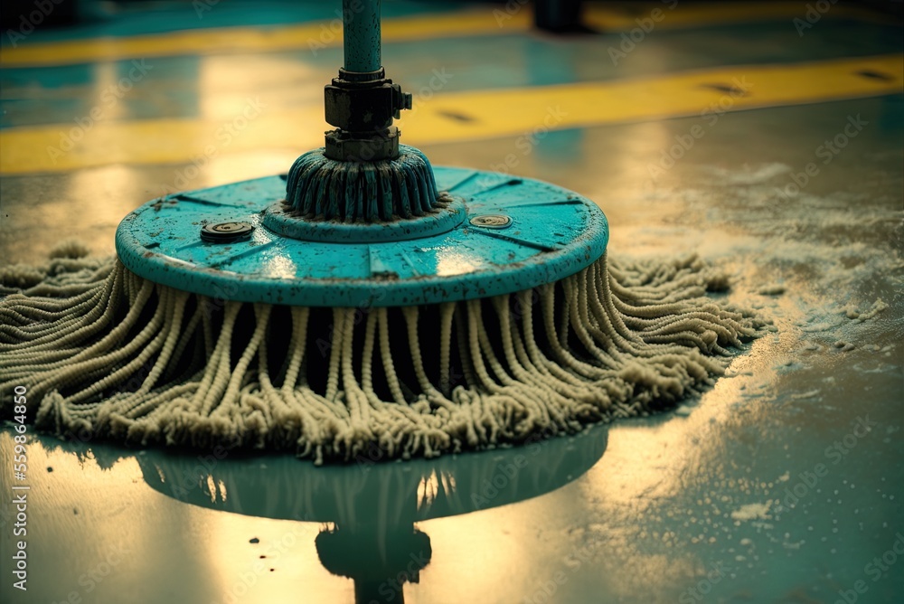 Poster the mop in action, scrubbing the floor of a factory. generative ai