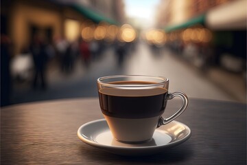  a cup of coffee sitting on top of a saucer on a table in front of a street with people walking by on the sidewalk in the background and a blurry background of the street.