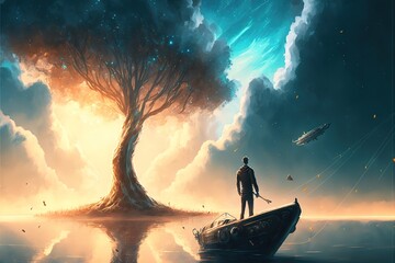 A man on a boat looks at an incredibly beautiful magic tree