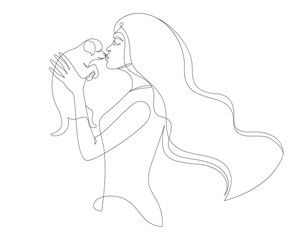 Dog lover line art with a woman holding a puppy. 