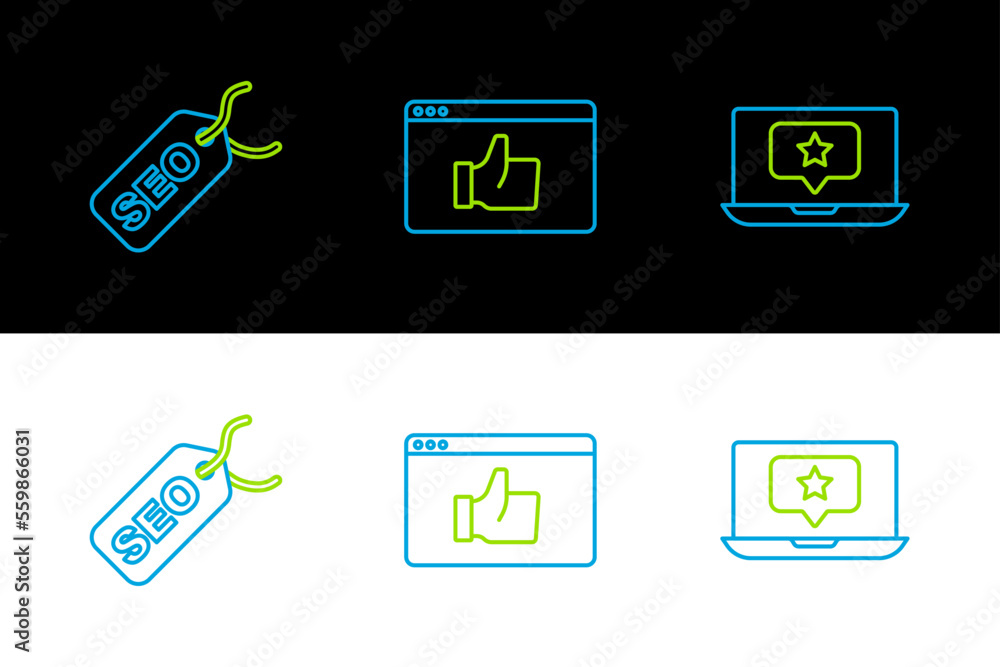 Poster set line laptop with star, seo optimization and customer product rating icon. vector