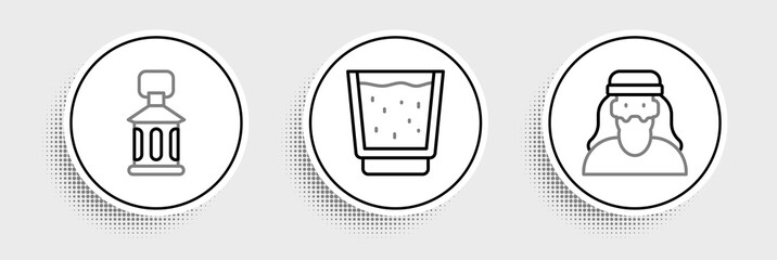 Set line Muslim man, Ramadan Kareem lantern and Glass with water icon. Vector