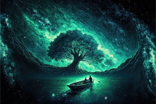 A man on a boat looks at an incredibly beautiful magic tree