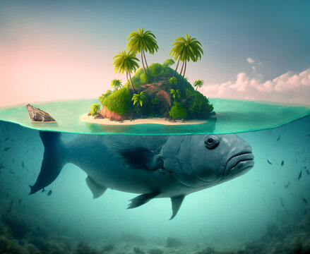 Huge fish looks lika a tropical island. Generative AI