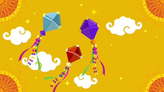 Happy Makar Sankranti (Uttrayan) Wish Animation Background with Colorful Kites.