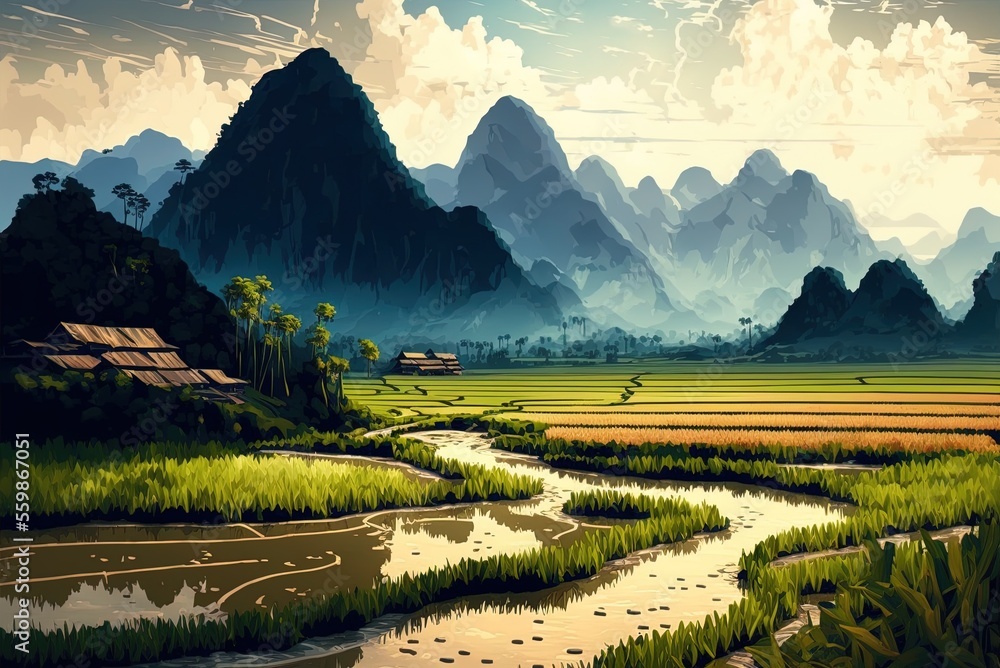 Poster stunning mountainous backdrop with rice fields. generative ai