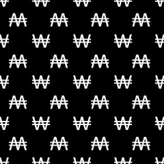 South Korean Won icon seamless vector pattern background. Black simple Korean currency symbol on white backdrop. Scattered financial money sign all over print. Repeat design for business, banking.