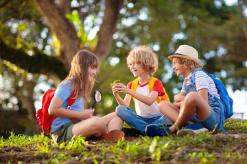 Kids explore nature. Children hike in sunny park. - obrazy, fototapety, plakaty