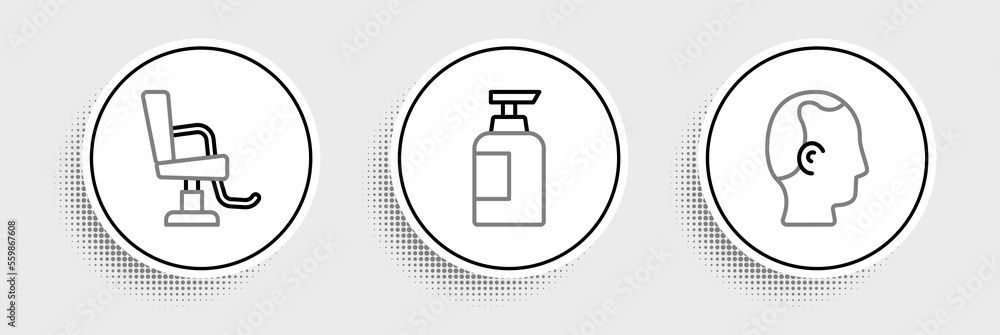 Poster set line baldness, barbershop chair and bottle of shampoo icon. vector