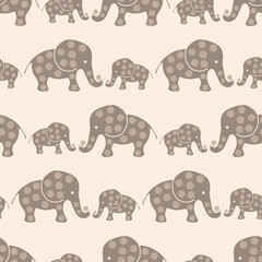 Cute baby elephant vector seamless pattern background. Adorable simple beige brown gender neutral backdrop with naive hand drawn elephants. Geometric repeat design for nursery, children.