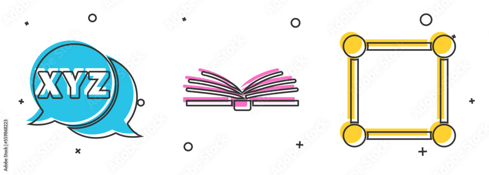 Poster set xyz coordinate system, open book and geometric figure square icon. vector