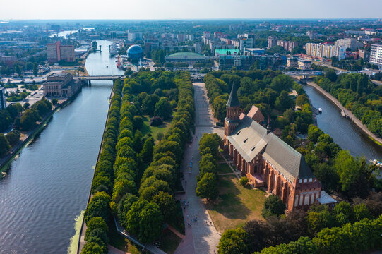 View of the island of Kaliningrad with canals, central part with a town hall, beautiful parks, drone view
