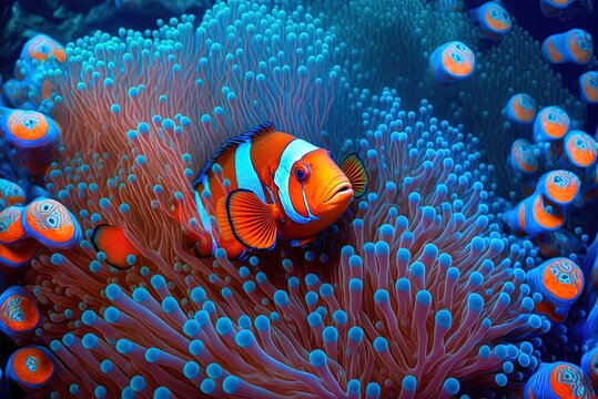Clownfish with vibrant colors gracing coral reefs. Generative AI