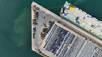Fototapeta na wymiar Aerial drone photo of international car terminal and Ro Ro boat terminal in Keratsini area, Piraeus, Attica, Greece