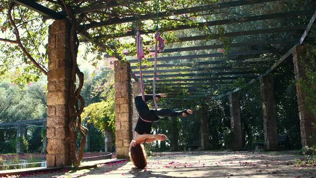 Aerial yoga - a woman exercising using hanging hammock in the garden - hanging with her head upside down