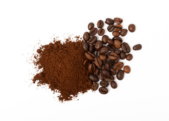 Ground coffee and coffee beans isolated on white background.