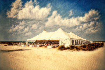 A destination wedding on the beach, with a tent for guests.