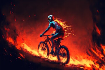 Extreme cycling, fiery biker cyclist