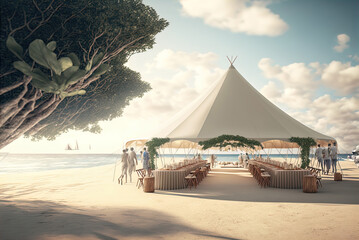 A destination wedding on the beach, with a tent for guests. - obrazy, fototapety, plakaty
