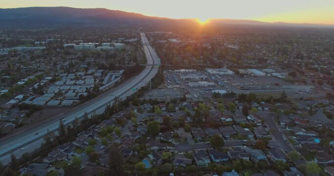 Aerial Of freeway 280 in Silicon Valley at sunset. Sunnyvale, USA