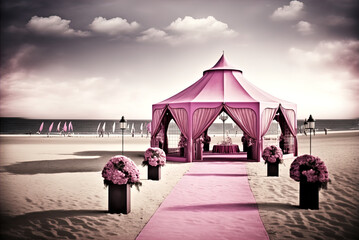 A destination wedding on the beach, with a tent for guests.