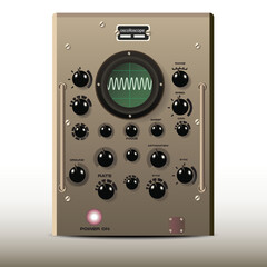 Vector illustration of vintage 1950's atompunk style military oscilloscope with green round screen displaying sine waveform, realistic buttons 
