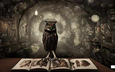 Generative AI, wise old owl in dark fantasy scene, detailed, imaginative illustration