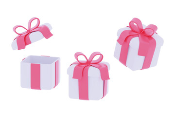 3d gift boxes open and closed Set with red ribbon bow isolated Icon for birthday or wedding banners 3d render illustration flying modern holiday surprise box