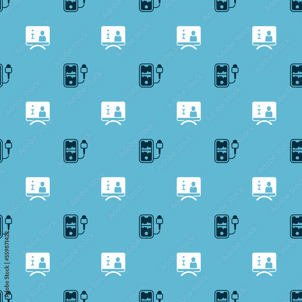Poster set mobile recording and television report on seamless pattern. vector