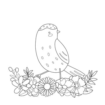 Coloring book with bird in flowers. Black outline of birdie for design.