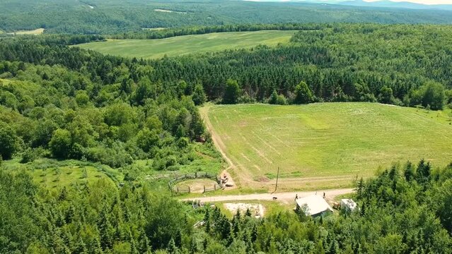 Drone shoot of a stable with horses cinematic from air