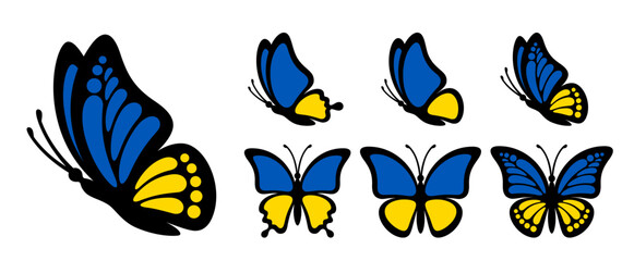 Black outline butterfly with blue yellow wings isolated on white background. Side view vector graphic illustration. Patriotic concept is perfect for Ukraine patriot sticker, icon and decoration design