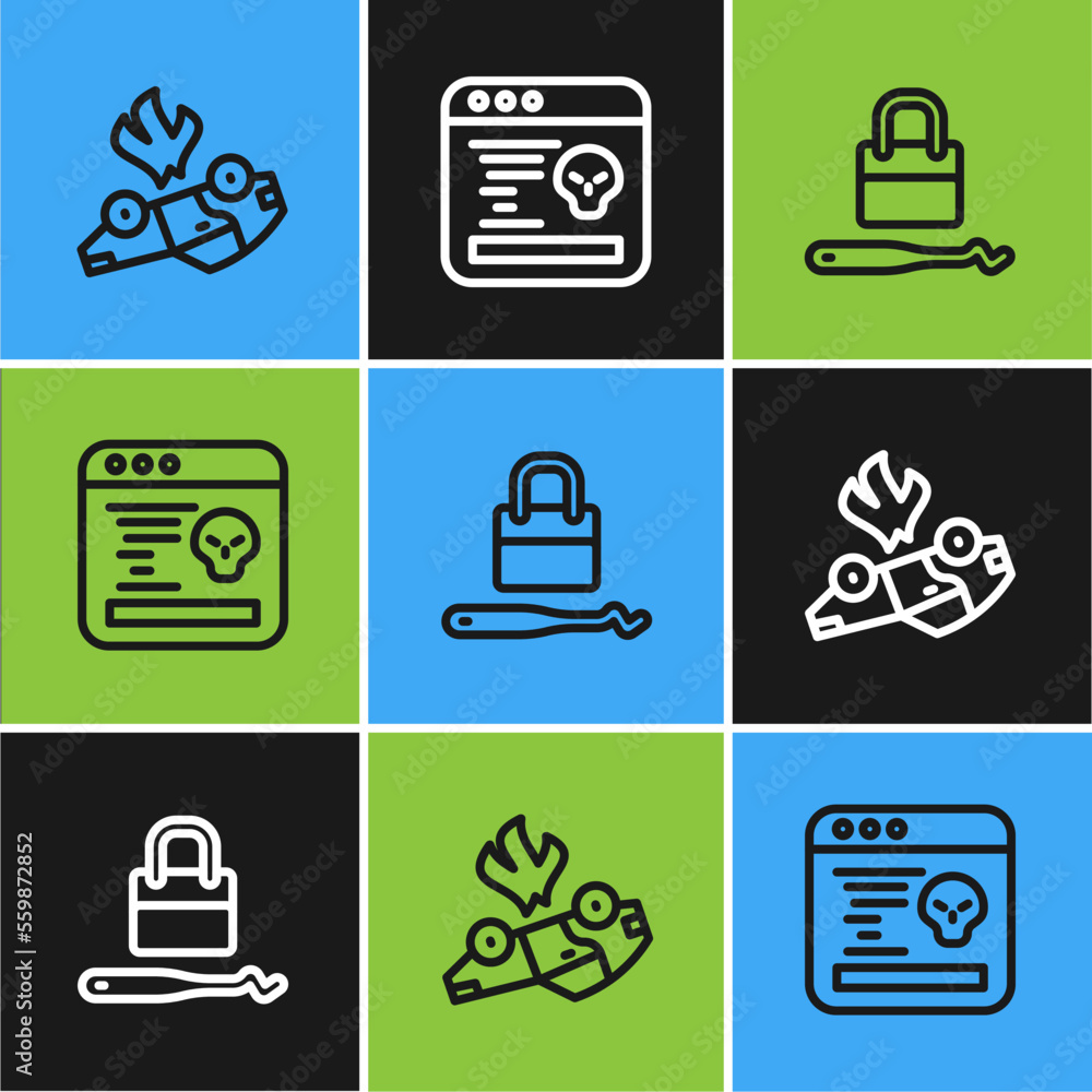 Poster set line burning car, lock picks for lock picking and system bug icon. vector