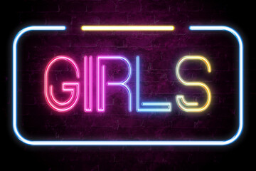 girls text on the brick wall in realistic color neon glow