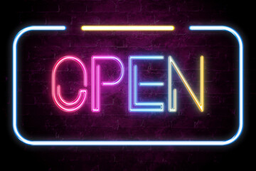 open text on the brick wall in realistic color neon glow